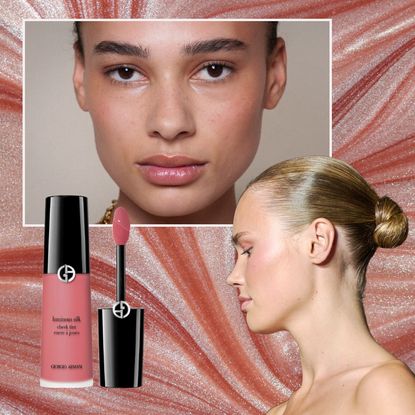 a pink sparkly background with two young women with pink cheeks next to a bottle of liquid blush