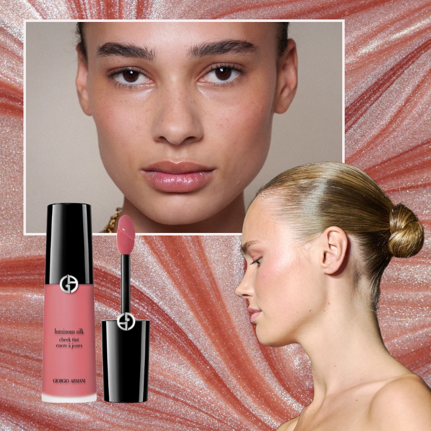 a pink sparkly background with two young women with pink cheeks next to a bottle of liquid blush