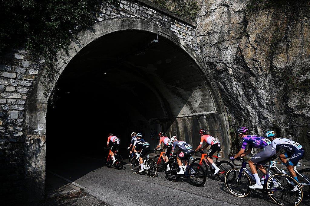 BERGAMO, ITALY - OCTOBER 11: A general view of Gal Glivar of Slovenia and Team Alpecin - Deceuninck, Thibault Guernalec of France and Team Arkea - B&amp;amp;B Hotels, Pello Bilbao of Spain and Team Bahrain - Victorious, Filippo Ganna of Italy, Lucas Hamilton of Australia, Victor Langellotti of Monaco and Team INEOS Grenadiers, Quinn Simmons of United States and Team Lidl - Trek, Walter Calzoni of Italy and Team Q36.5 Pro Cycling Team, Louis Vervaeke of Belgium and Team Soudal Quick-Step, Asbjorn Hellemose of Denmark, Michael Matthews of Australia and Team Team Jayco AlUla, Bjorn Koerdt of Great Britain and Team Picnic PostNL, Mattia Bais of Italy and Team Polti VisitMalta and Bart Lemmen of Netherlands and Team Visma | Lease a Bike compete in the breakaway during the 119th Il Lombardia 2025 a 241km one day race from Como to Bergamo on October 11, 2025 in Bergamo, Italy. (Photo by Dario Belingheri/Getty Images)