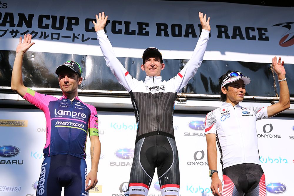 The podium of Diego Ulissi, Bauke Mollema and Yukiya Arashiro