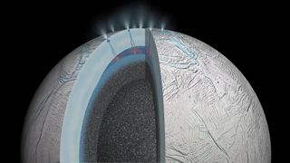 This cutaway view of Saturn moon Enceladus is an artist rendering that depicts possible hydrothermal activity that may be taking place on and under the seafloor of the moon subsurface ocean, based on published results from NASA Cassini mission.
