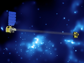 Artist's concept of NuSTAR on orbit. NuSTAR has two identical optics modules in order to increase sensitivity. The background is an image of the galactic center obtained with the Chandra X-ray Observatory.