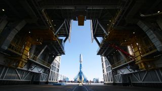 A Soyuz rocket arrives at the launch pad at the Vostochny Cosmodrome in Siberia ahead of its planned launch of 36 OneWeb satellites in March 2021.