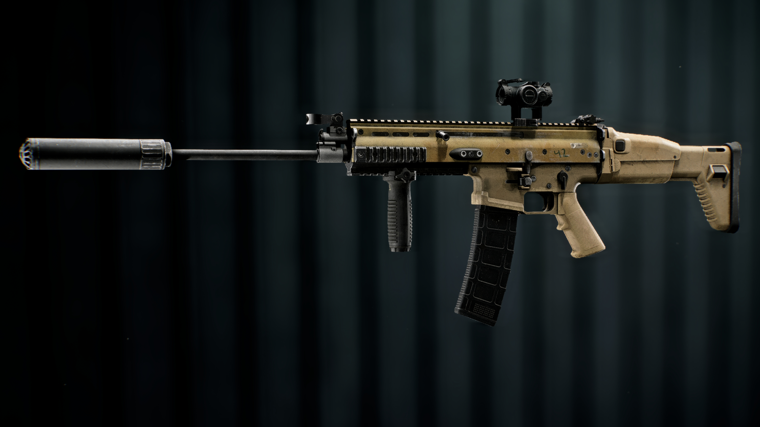 Battlefield Redsec best guns: A side-on view of the SOR-556 assault rifle against a dark blue background.