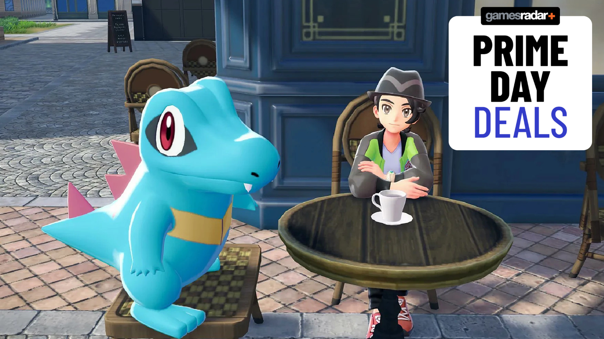 A Totodile and trainer look up from a table with a coffee cup, with a GamesRadar+ Prime Day deals badge in the top right-hand corner of the frame
