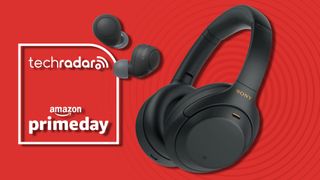 Sony headphone and earbuds on red background with TR's Prime Day badge