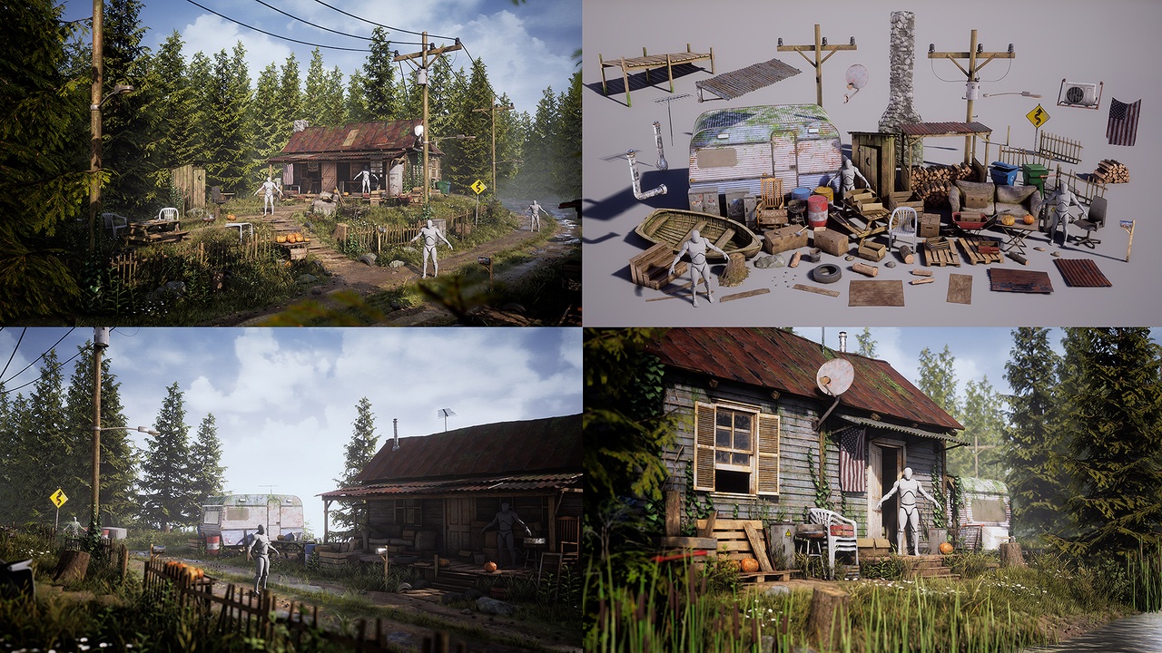 3D meshes for a rural mountain cabin in Unreal Engine 5