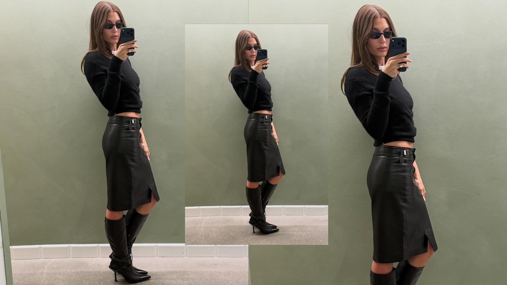 pencil skirt with boots outfit hailey bieber