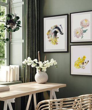 Green home office design with wildlife wall art decor by Lola Design Ltd