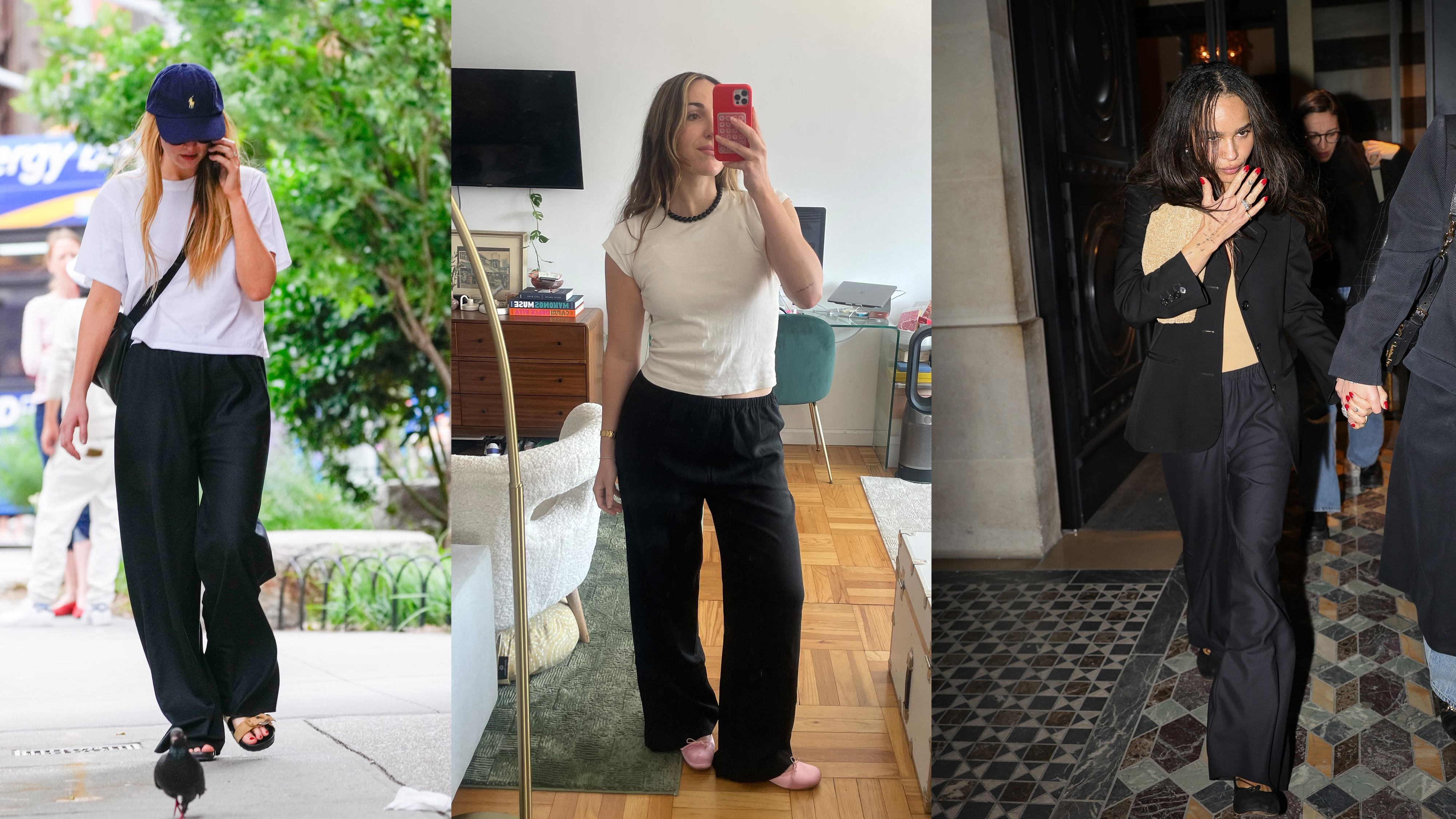 Celebrities wearing The Row Gala Pants and a fashion editor wearing an affordable alternative