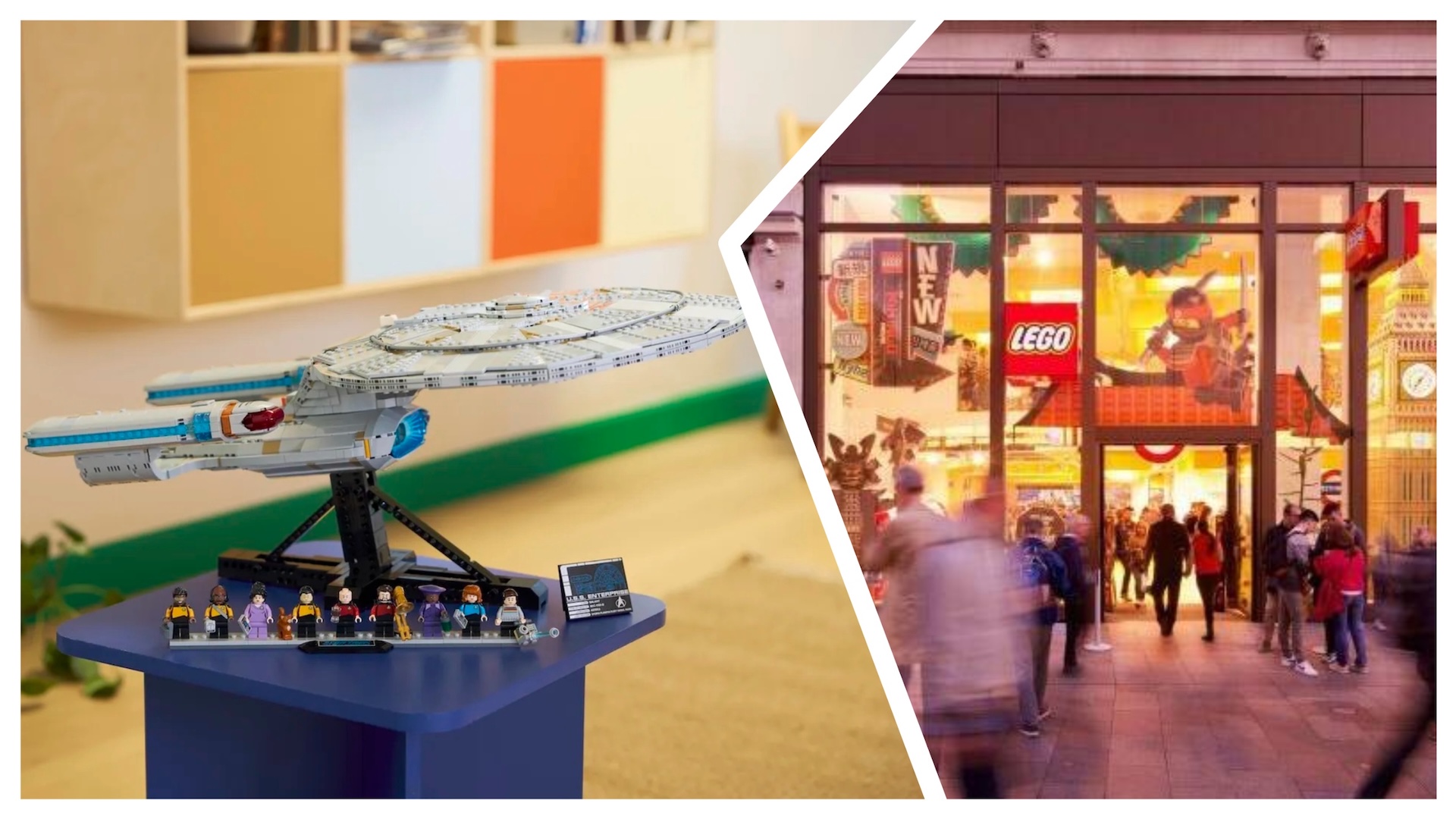 on the left an image of a Star Trek LEGO set and on the right the LEGO store in Leicester Square 