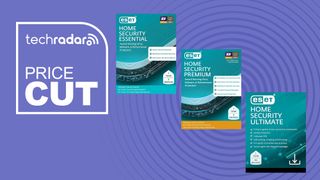 ESET Home Security Essentials, Premium, and Ultimate next to a TechRadar Price Cut image.
