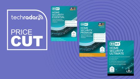 ESET Home Security Essentials, Premium, and Ultimate next to a TechRadar Price Cut image.