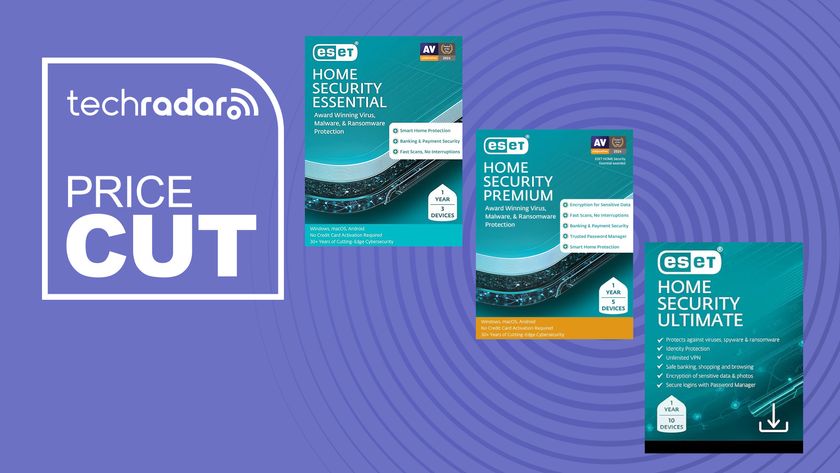 ESET Home Security Essentials, Premium, and Ultimate next to a TechRadar Price Cut image.