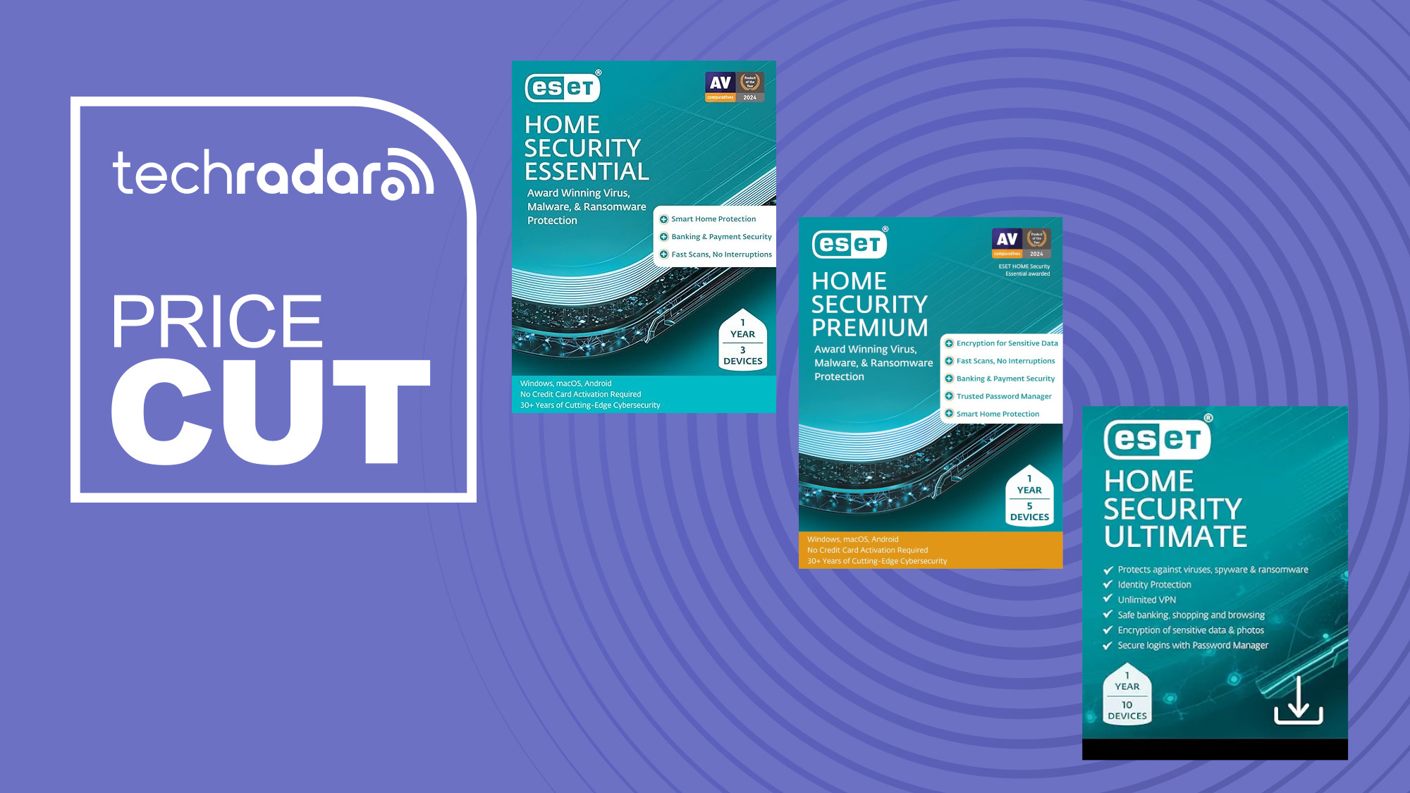 ESET Home Security Essentials, Premium, and Ultimate next to a TechRadar Price Cut image.
