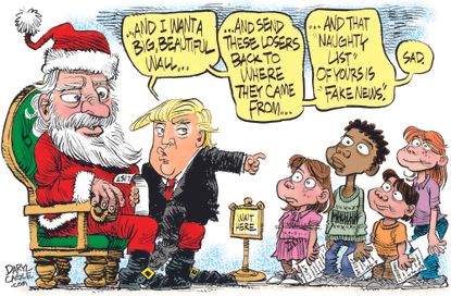 Political cartoon U.S. Trump border wall fake news naughty list Santa Christmas