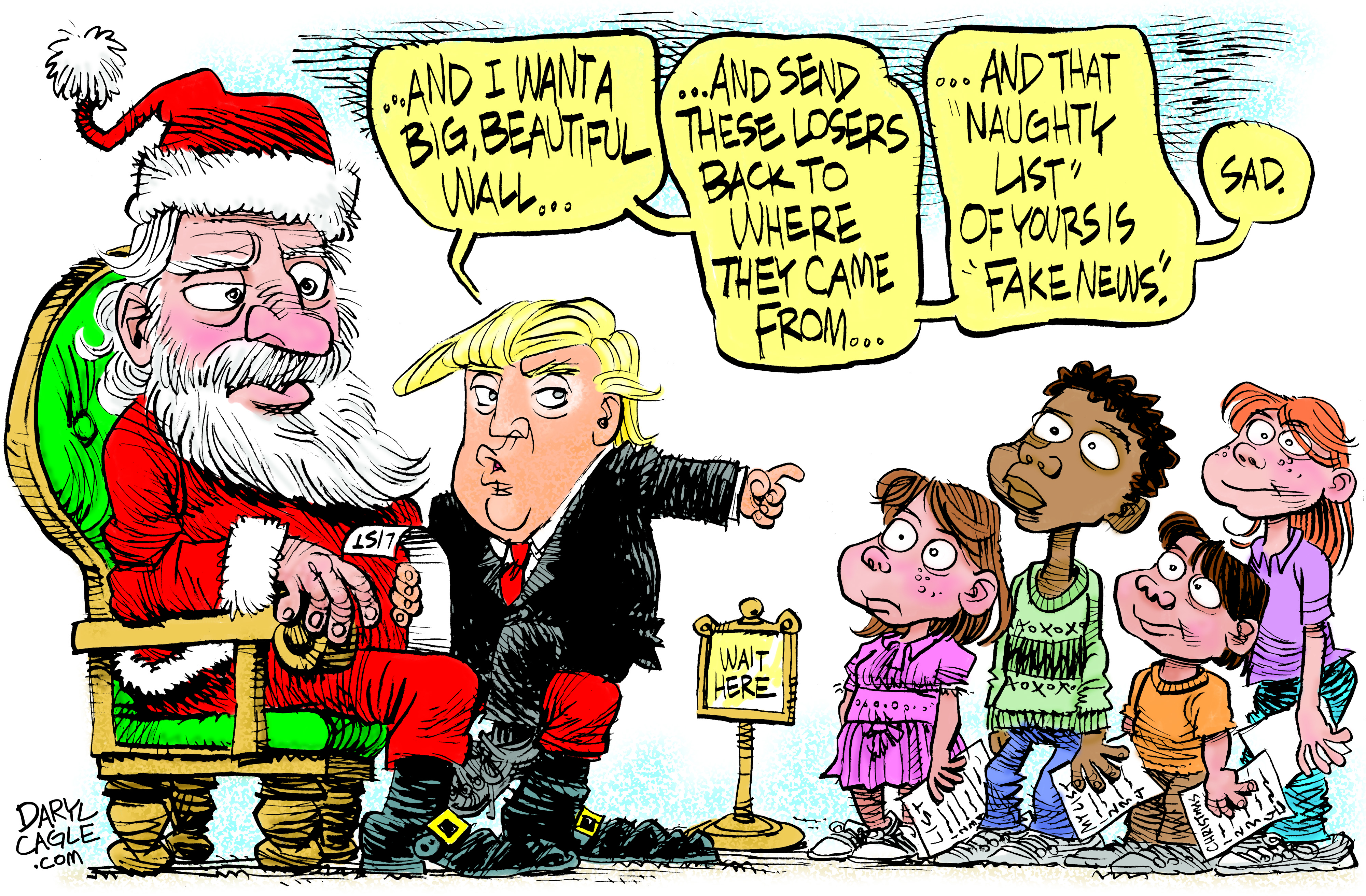 Political cartoon U.S. Trump border wall fake news naughty list Santa Christmas