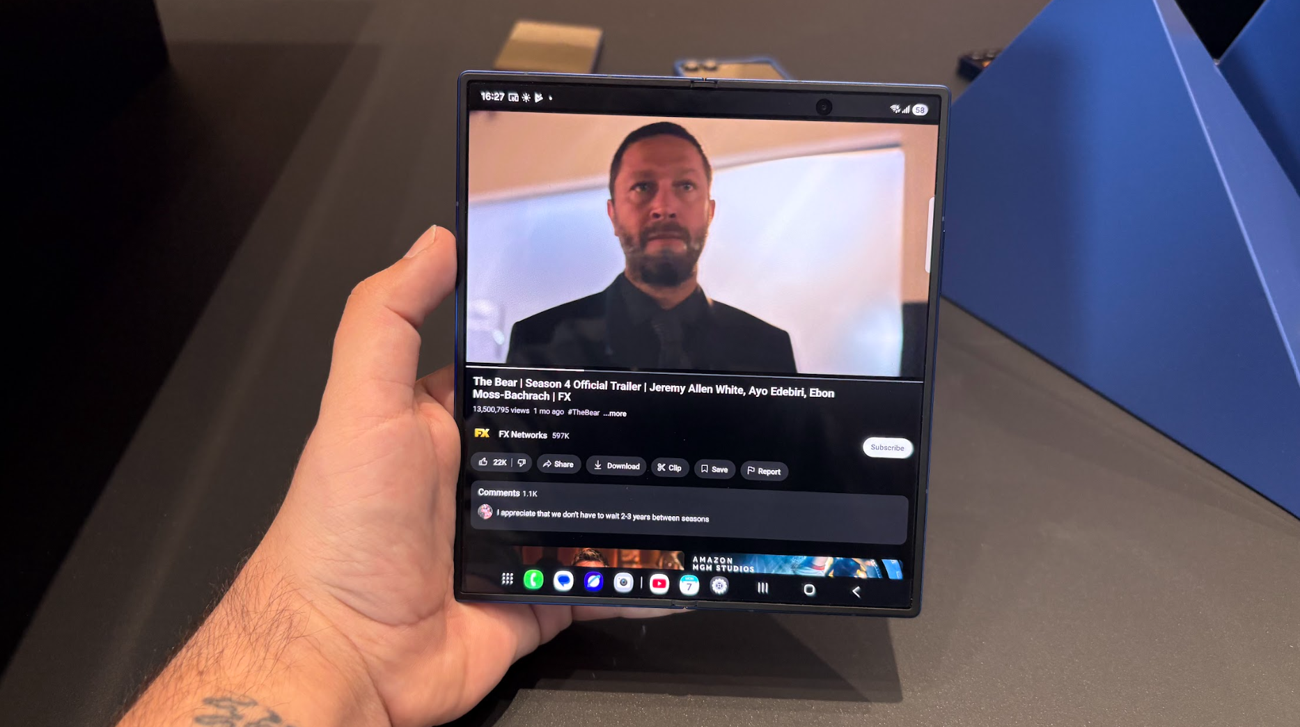 Samsung Galaxy Z Fold 7 in Shadow Blue held in hand