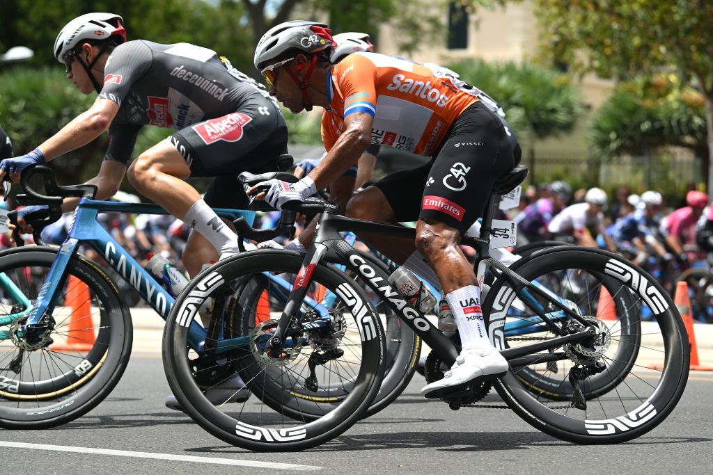 ADELAIDE AUSTRALIA JANUARY 26 Jhonatan Narvaez of Ecuador and UAE Team Emirates Xrg Orange Leader Jersey competes during the 25th Santos Tour Down Under 2025 Stage 6 a 90km stage from Adelaide to Adelaide UCIWT on January 26 2025 in Adelaide Australia Photo by Dario BelingheriGetty Images