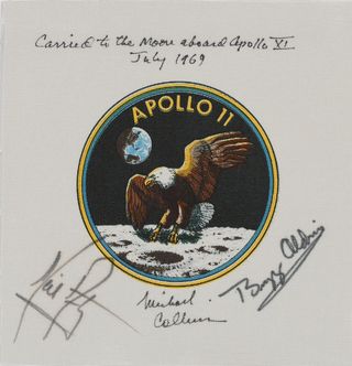 A crew-signed Apollo 11 patch flown on the moon landing mission is estimated to sell at Sotheby's on July 20, 2017 for $40,000 to $60,000.