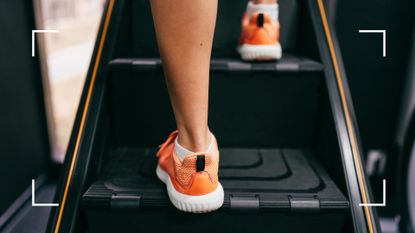 Closeup of woman stepping up a stairmaster, to represent the 25-7-2 StairMaster workout