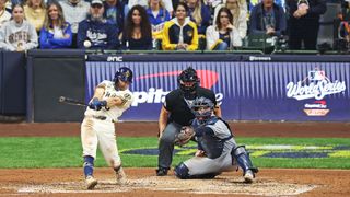 Sal Frelick of the Milwaukee Brewers hits a solo home run against the Tampa Bay Rays during the 2026 MLB World Series