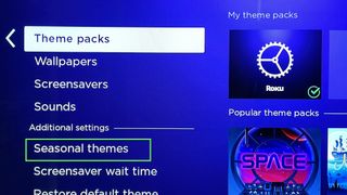 The Seasonal Themes button is highlighted on the Roku Themes page