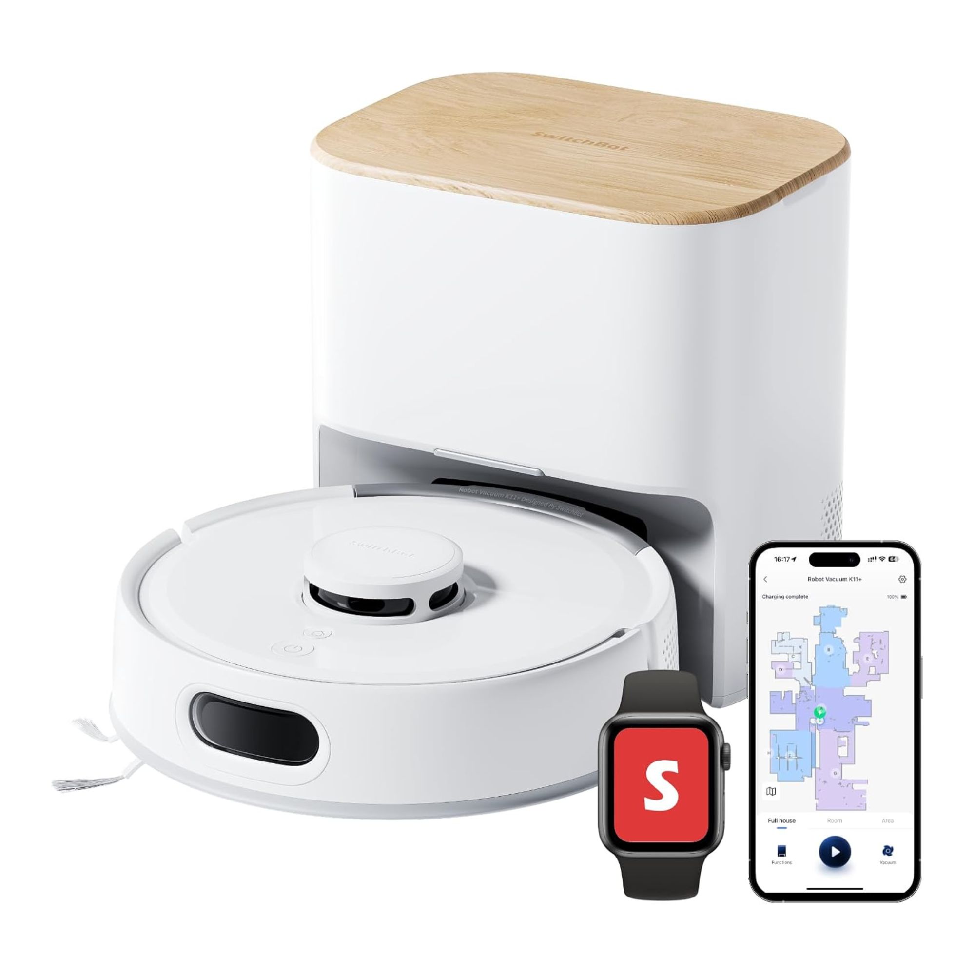 SwitchBot K11+ Robot Vacuum Cleaner with Mop with smart watch and phone next to it