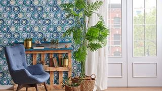Contemporary living room with blue wallpaper behind blue chair and plants 