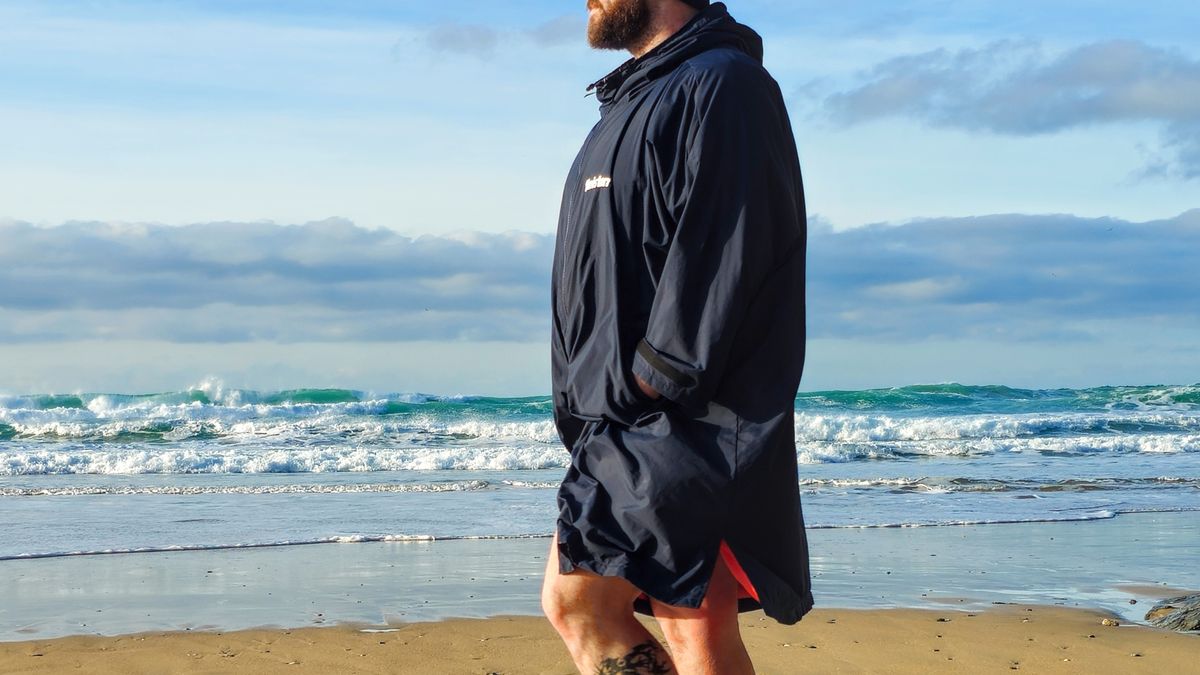 Beach shot of Finisterre Tego changing robe