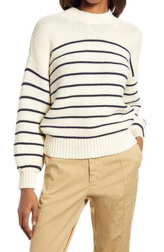 Women's Stripe Button Back Cotton Crewneck Sweater