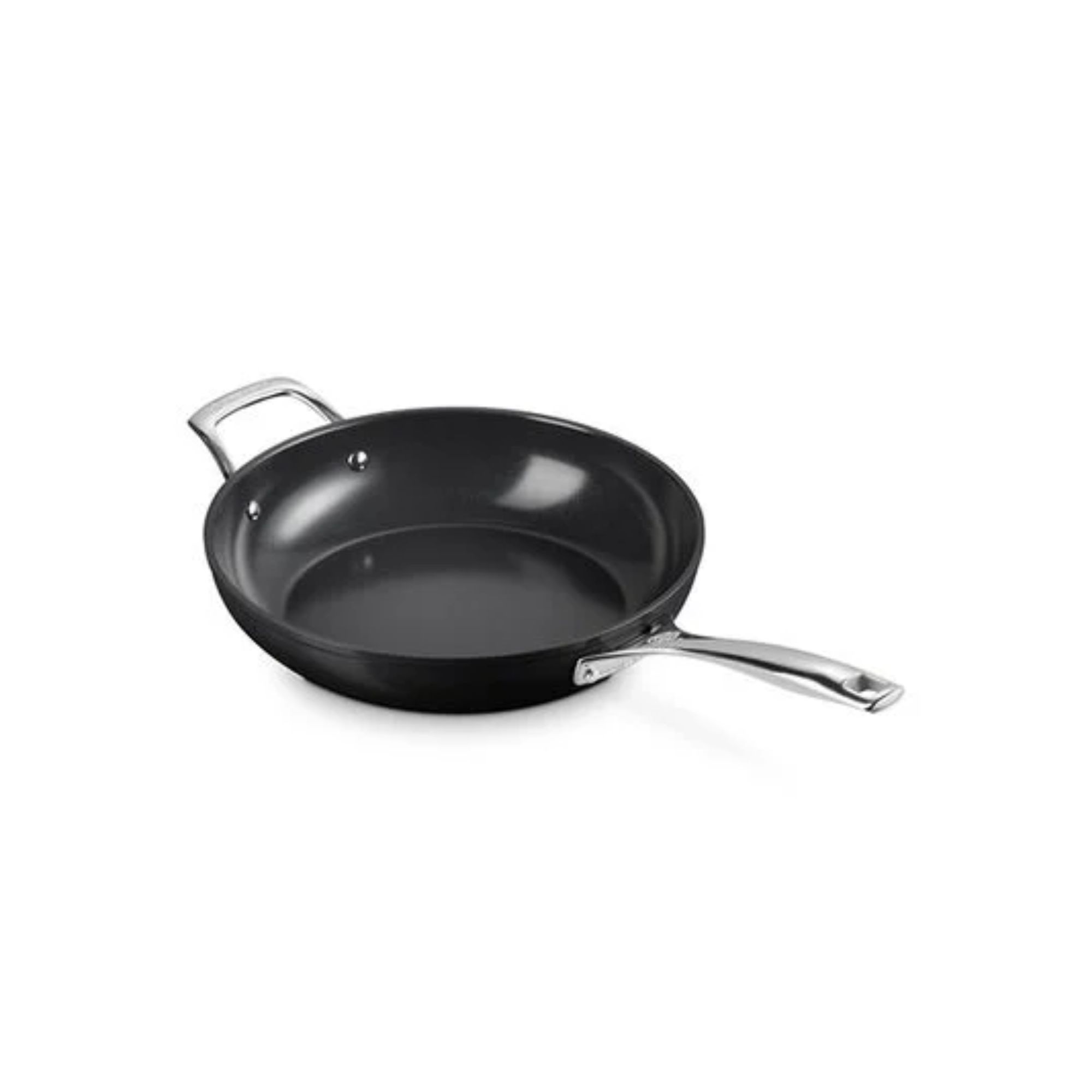 A black Le Creuset ceramic frying pan
