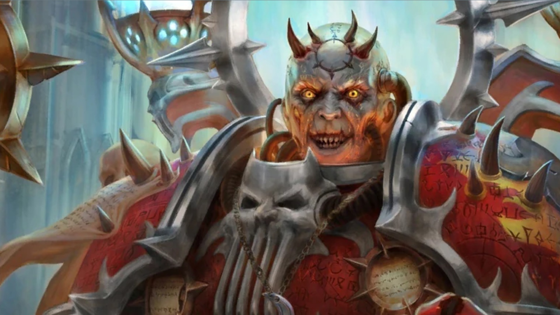 Character portrait close-up of Warhammer 40K Chaos Space Marine, Uralon the Cruel.