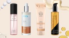 Collage of the best fake tans for pale skin (L-R) Tan-Luxe Express Mousse, The Organic Pharmacy Self-Tan, Vita Liberata Body Blur and St Tropez Luxe Body Serum on a beige background with swatches of creams and oils