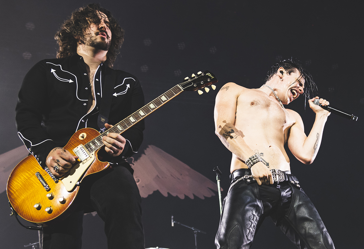 Adam Warrington and Yungblud perform onstage during a concert at Palacio Vistalegre Arena on October 11, 2025 in Madrid.
