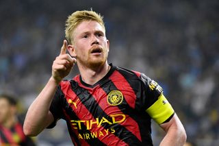 Kevin De Bruyne of Manchester City celebrates after scoring their sides second goal during the Pre-Season friendly match between Manchester City and Club America at NRG Stadium on July 20, 2022 in Houston, Texas.