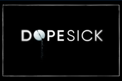 a close up of the Dopesick opening titles with a white border