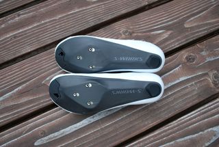 The new Specialized S-Works Torch Lace shoes feature a three-bolt cleat pattern with titanium/alloy cleat nuts can rotate to cleats 5mm rearward