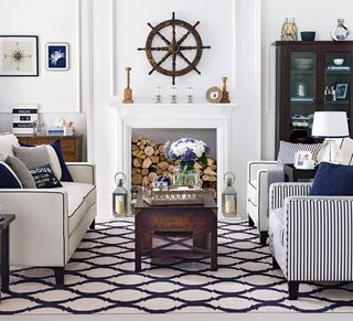 small living room with nautical theme and striped chairs