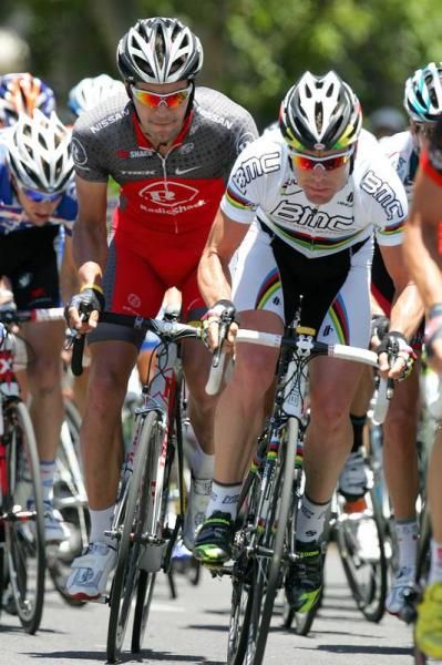 Cadel Evans (BMC) leads Gert Steegmans (RadioShack) in the pack.