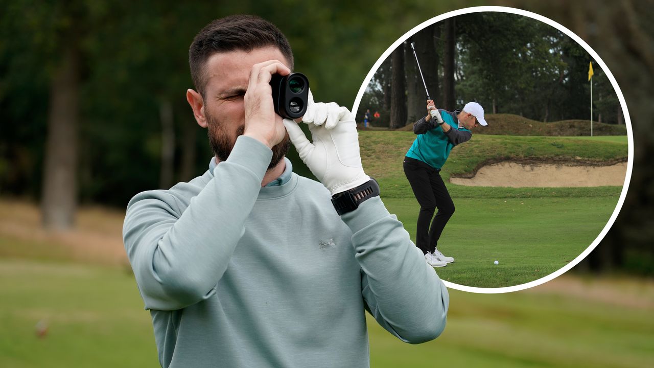 Baz Plummer holding a Shot Scope range finder in order to work out the distance to the flag and an inset image of Neil Tappin at the top of his backswing hitting a pitching wedge towards the green