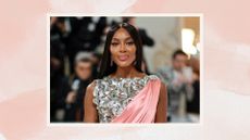 Naomi Campbell is pictured with long and straight glossy hair whilst wearing a silver and pink gown at the 2023 Met Gala Celebrating "Karl Lagerfeld: A Line Of Beauty" at The Metropolitan Museum of Art on May 01, 2023 in New York City/ in a pastel pink watercolour-style template