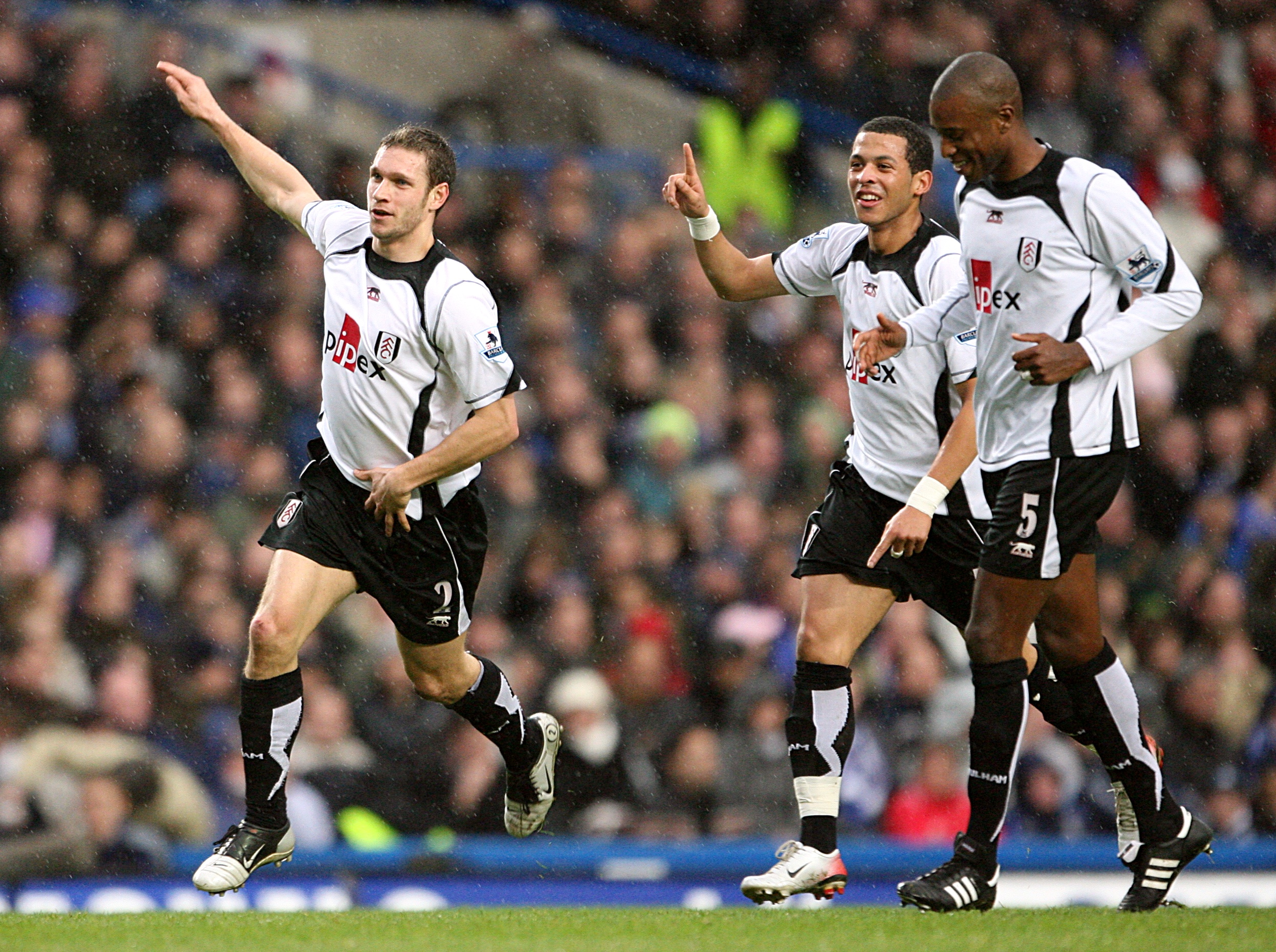 Moritz Volz (left) celebrates with team-mates after scoring for Fulham against Chelsea in January 2008.