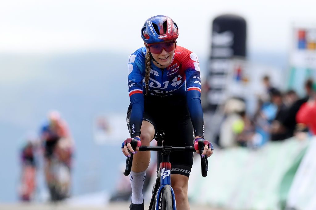 ALTO DE ROSALES SPAIN MAY 17 Evita Muzic of France and FDJ SUEZ Team crosses the finish line on second place during the the 9th Vuelta a Burgos Feminas 2024 Stage 2 a 123km stage from Briviesca to Alto de Rosales 790m on UCIWWT May 17 2024 in Alto de Rosales Spain Photo by Alex BroadwayGetty Images