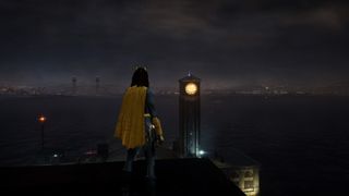 Gotham Knights Batterang glowing on a clocktower