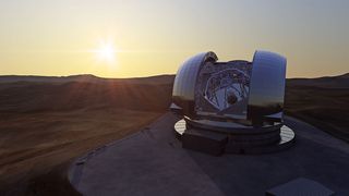 Sunrise over this artist's impression of ESO's European Extremely Large Telescope (E-ELT) on top of Cerro Armazones.