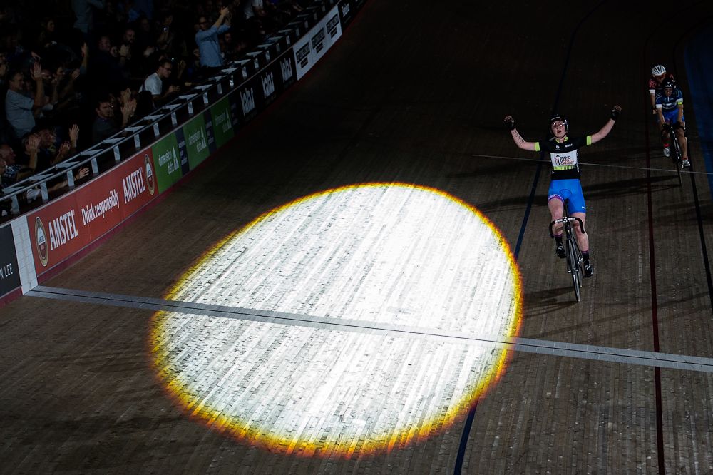 Katie Archibald of Great Britain celebrates winning the 10km scratch race at the Six Day London