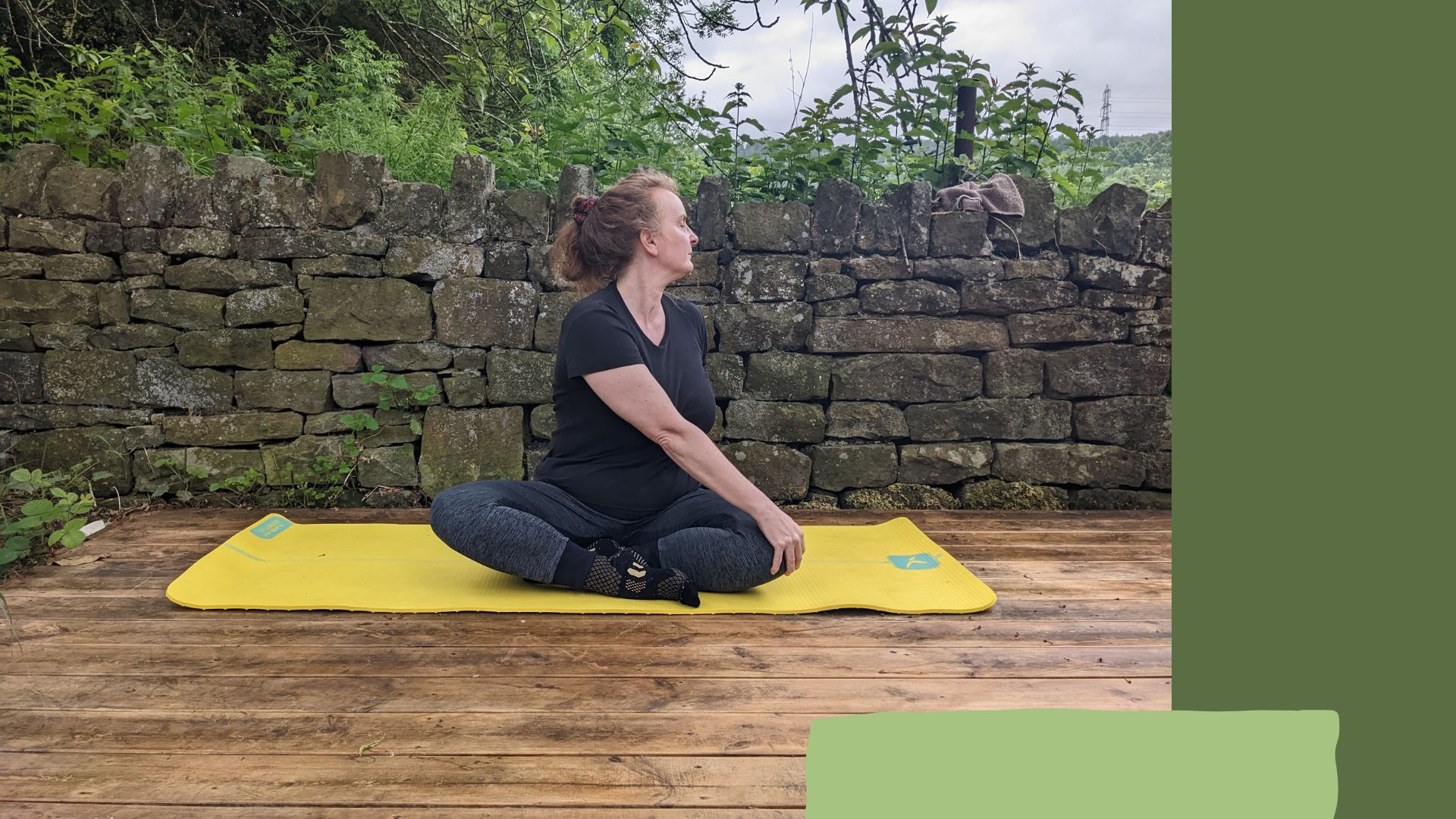 Samantha Priestley doing yoga every day on yoga mat in back garden