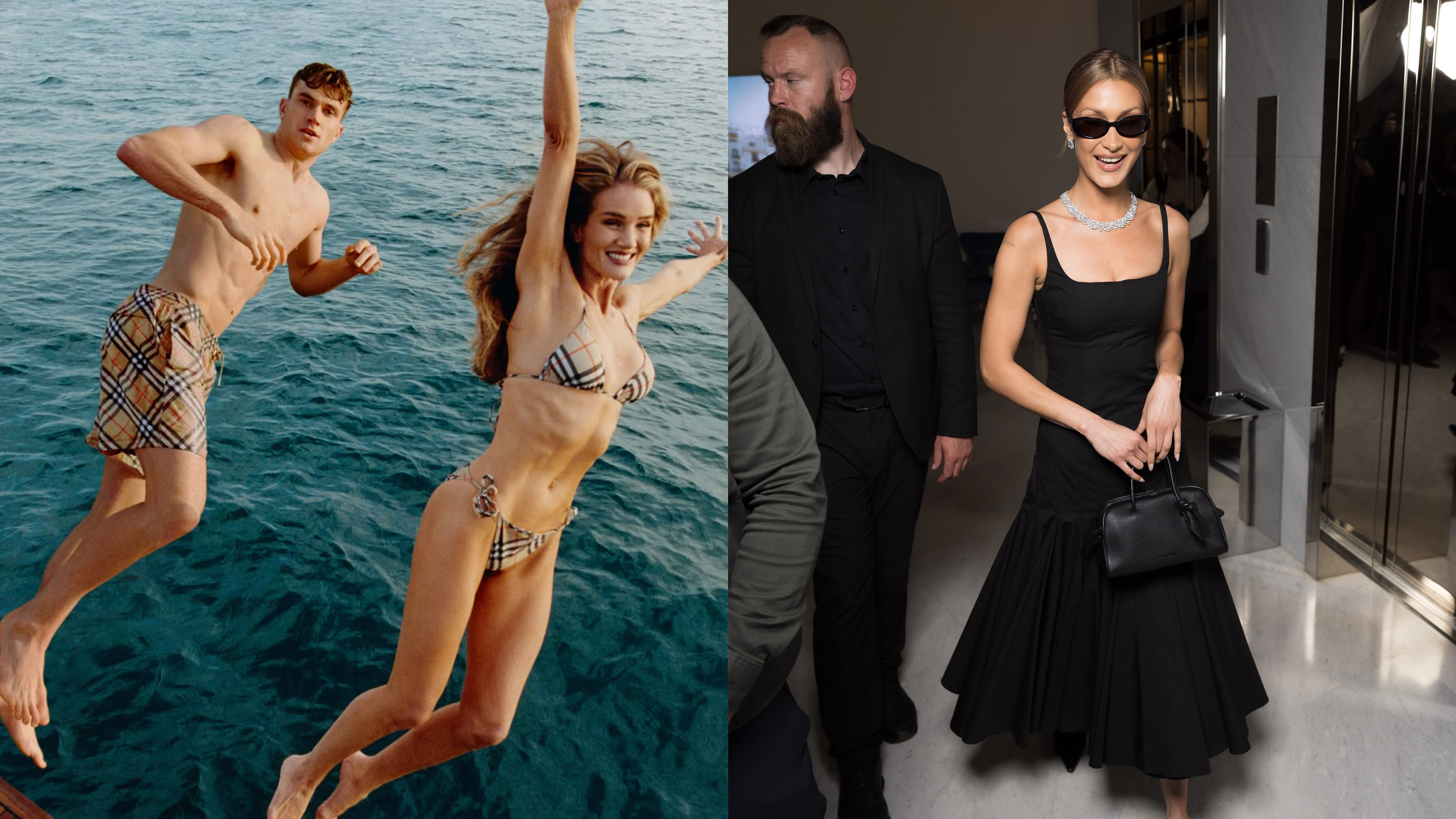 Collage of models wearing Burberry swimsuits and Bella Hadid wearing a Jacquemus dress.