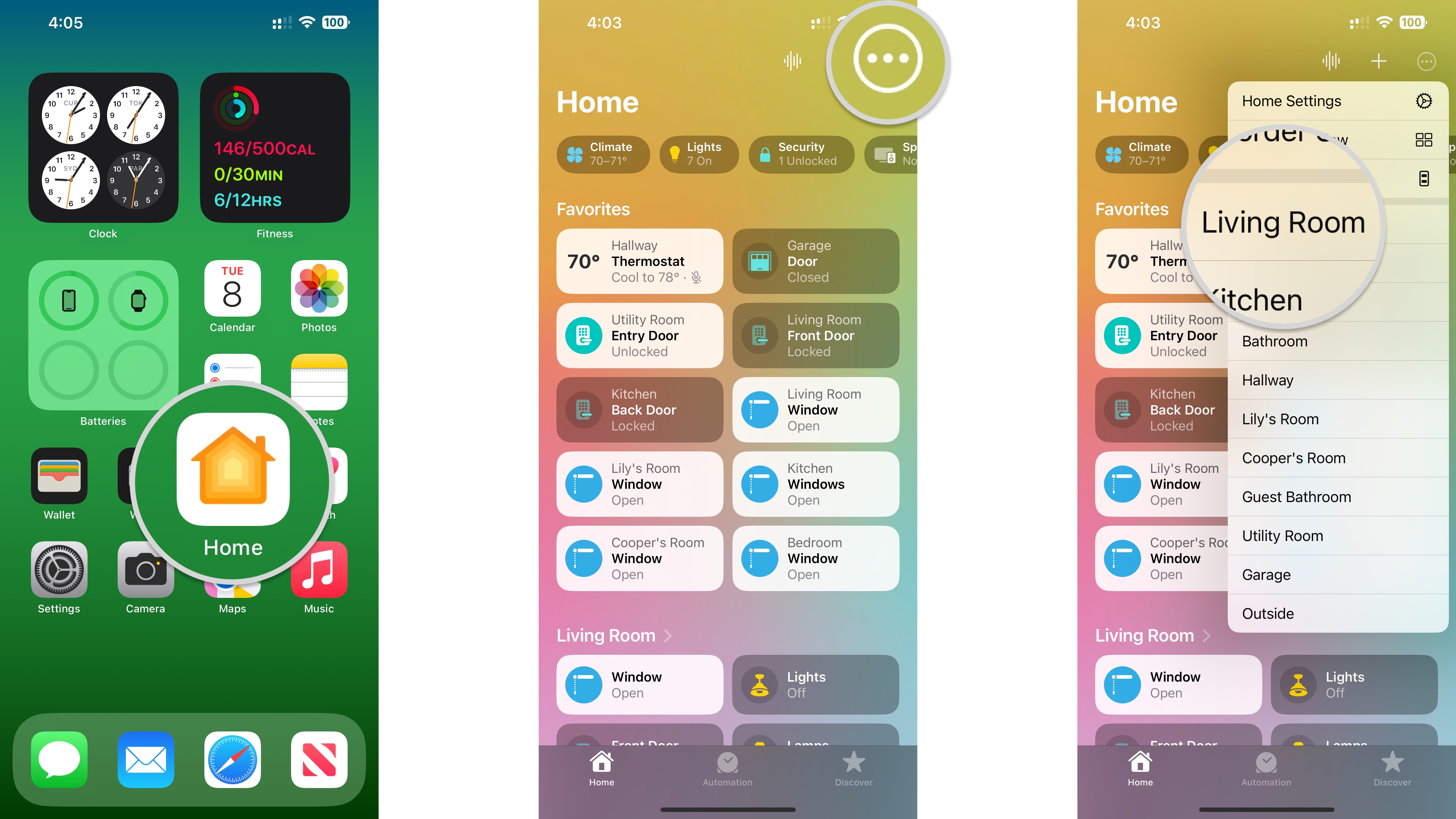 How to monitor and adjust the status of HomeKit accessories on an iPhone by showing steps: Launch the Home app, Tap the Ellipses icon, Tap on a Room.